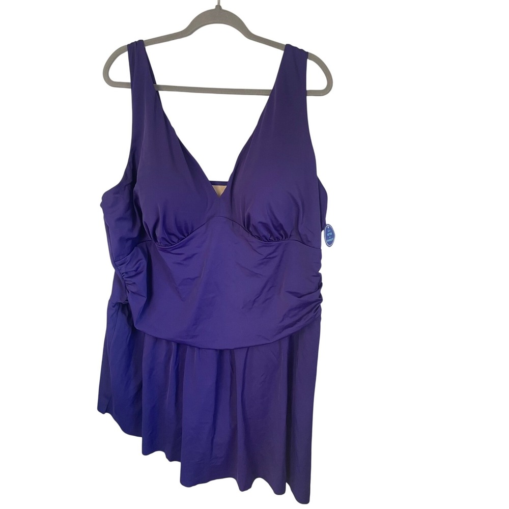 NWT Swimsuits For All Purple Swim Dress Size 32 Ruched Tummy‎ Control One Piece
